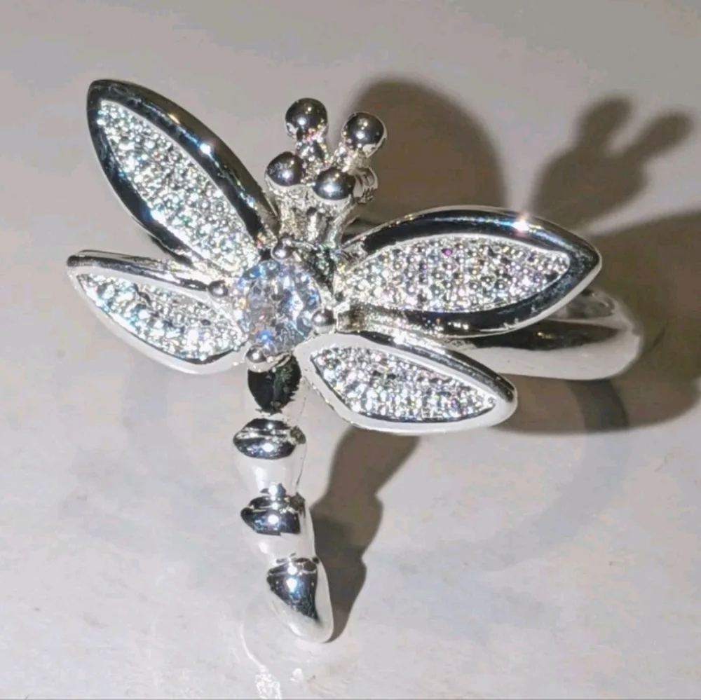 Vintage Women's Quality 925 Sterling Silver CZ Diamond  Dragonfly Ring  Size 5